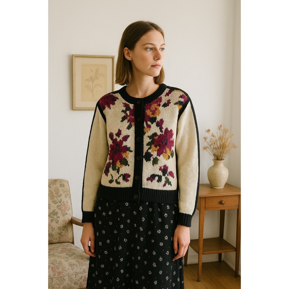 Vintage CHU Cream Floral Button Up Knit‎ Cardigan Grandma Cottage Sweater Size M